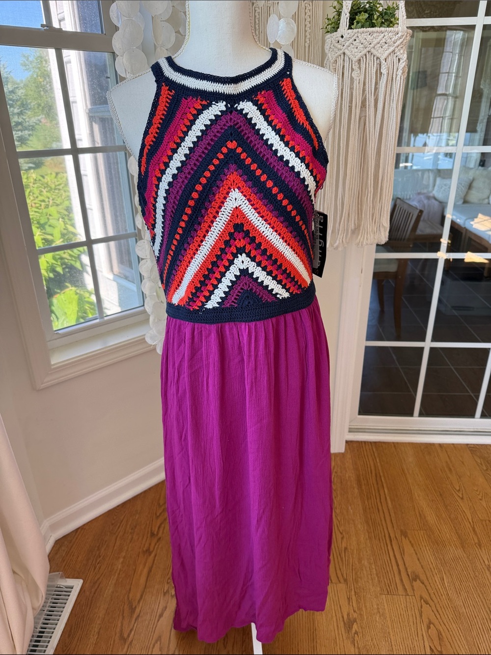 Crochet Halter Maxi Dress in Navy, White, Red, Orange & Magenta